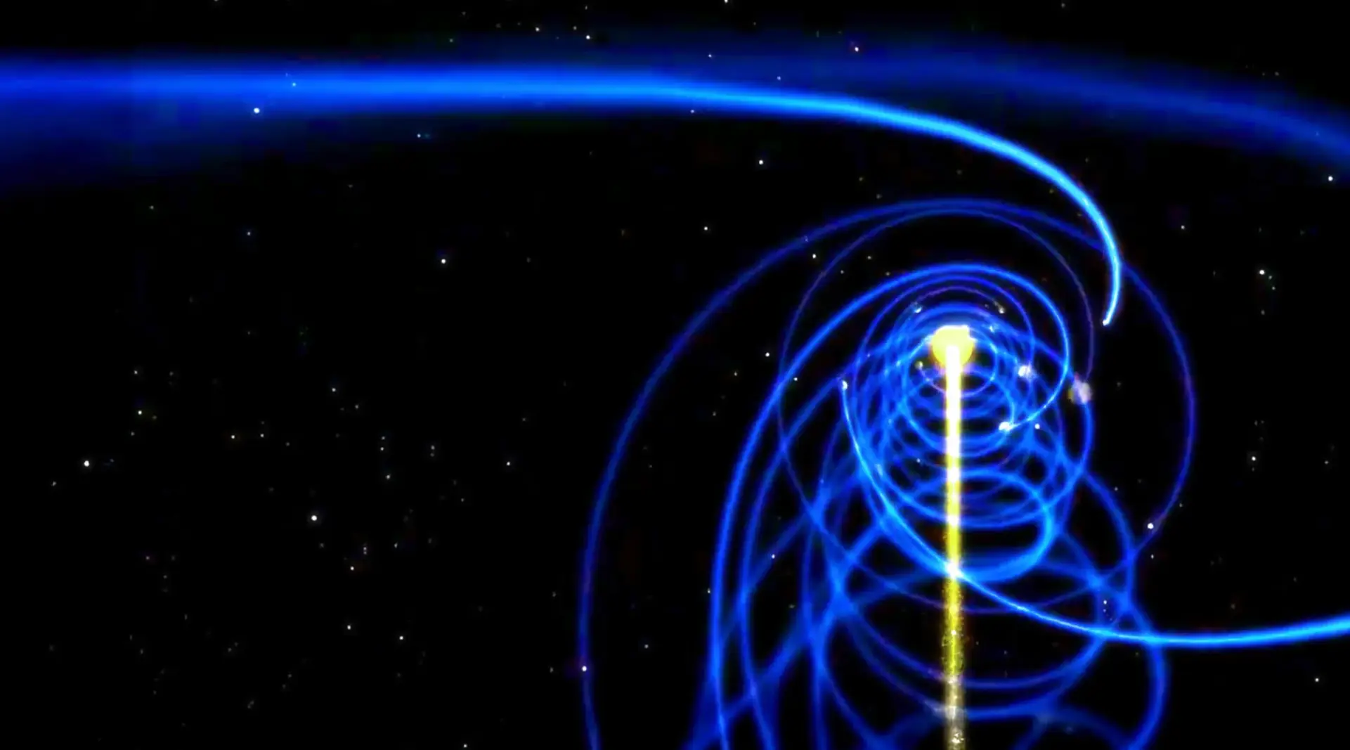 宇宙空間に広がる青い光の渦と、中心から伸びる明るい光の柱を描いたイメージ画像