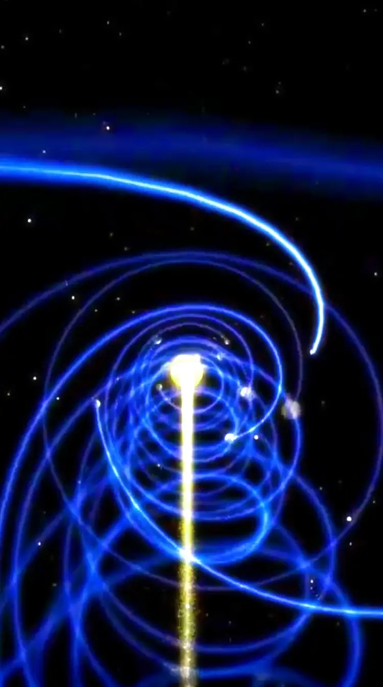 宇宙空間に広がる青い光の渦と、中心から伸びる明るい光の柱を描いたイメージ画像